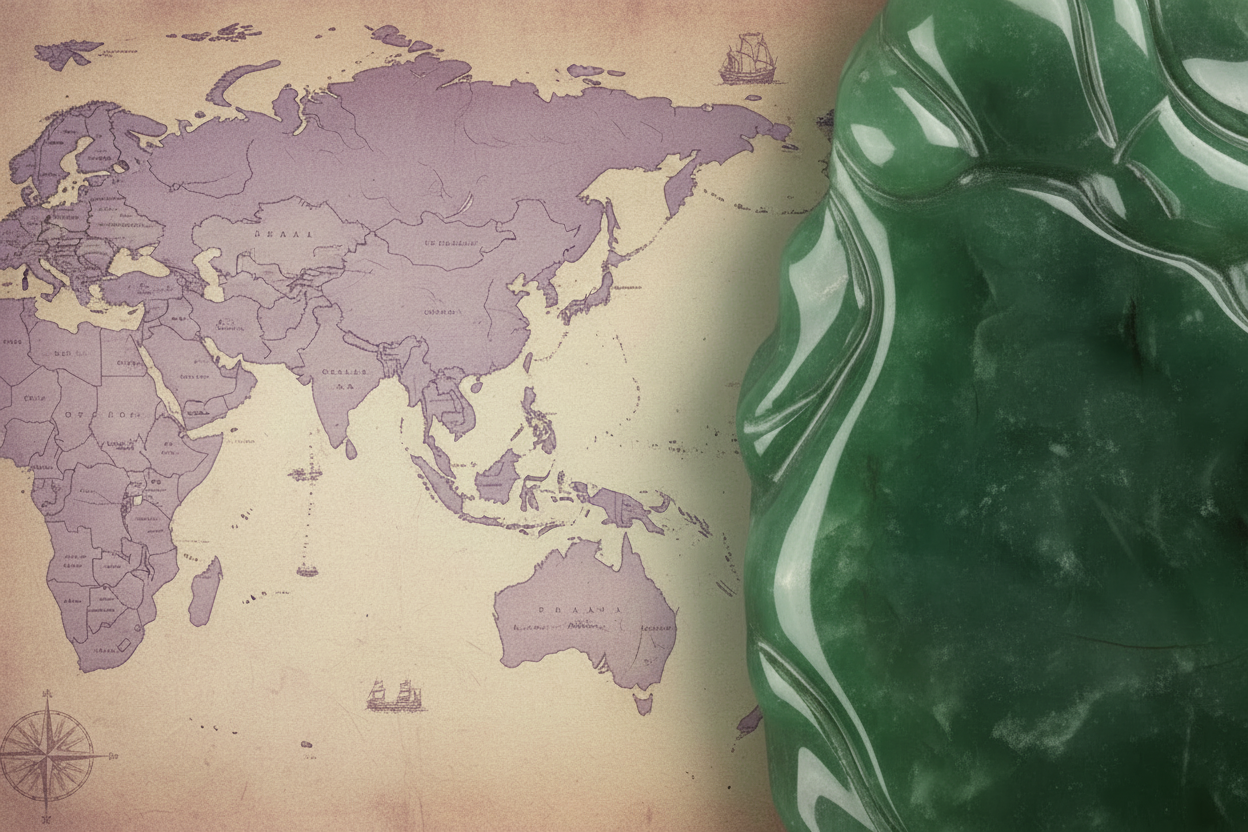 CRAR UN MAPA DEL CONTIENENTE ASIATICO QUE ABARQUE LA MITAD IZQUIERDA DE ESTA IMAGEN COLOR VIOLETA TENUE VINTAGE Y DE LADO DERECHO AGREGAR UNA IMAGEN DE UN JADE ABARCANDO TODA LA MITAD DE LADO DERECHO NO COLOCAR DIVICIONES QUE LA IMAGEN SALGA UNIFICADA 