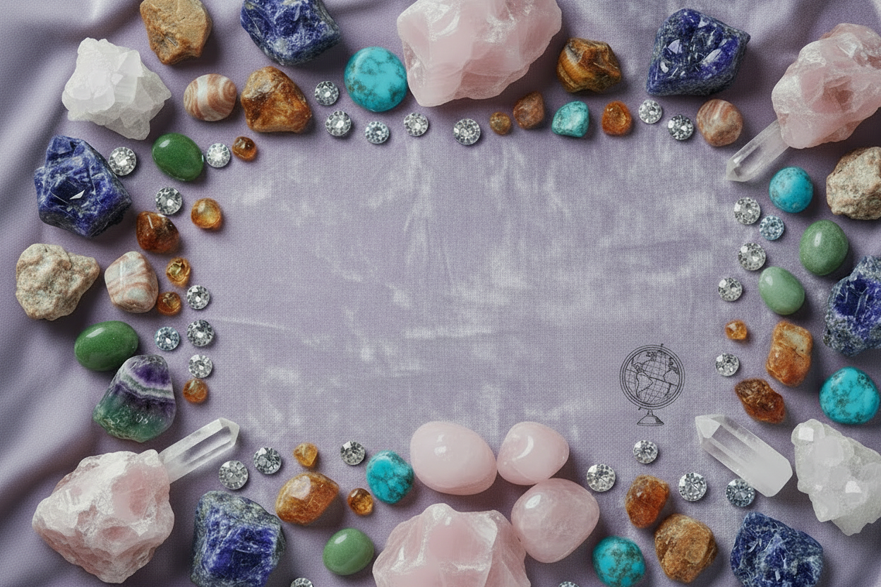 DESEO UNA IMAGEN ATRACTIVA CON UN FONDO TENUE VIOLETA CON UNA GRAN VARIEDAD DE PIEDRAS NATURALES EN BRUTO, DE DIFERENTES TAMAÑOS COMO TANZANITA, AMBAR, TURQUEZA CUARZO BLANCO, Y ROSA QUE ESTE DESTAQUE DE TODAS LAS PIEDRAS, JADE, OJO DE TIGRE, LAPISLAZULI, FLOURITA, RODOCROSITA Y MOSANITAS EXPARSIDOS EN VARIAS PARTES DE LA IMAGEN DE DIFERENTES COLORES Y DESTELLOS, QUE SE PERMITA SER LEIBLE EL TEXTO PERO QUE LOS ELEMENTOS NO QUEDEN TAN DISTANTES DE ESTE