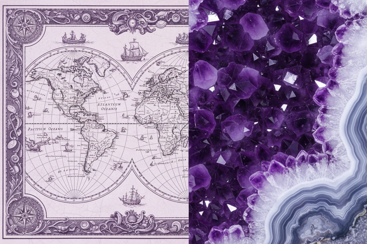 MAPA DE LOS MARES VINTAGE CON UN TENUE COLOR VIOLETA QUIERO AGREGAR UNA PIEDRA NATURAL DE ESTE CONTIENEN A LA MITAD DE LA IMAGEN 
